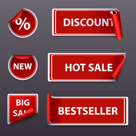 Big realistik vector set of bright labels sale in the form of stickers, vector illustration. Red ribbon and banner with Special Offer. Discount banner promotion template.のイラスト素材