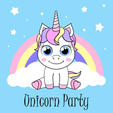 Cute baby unicorn and lettering. Vector illustration. Birthday invitation.のイラスト素材