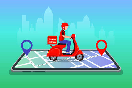 Vector illustration. Flat trending illustration for websites, magazines and apps. Courier on delivering.のイラスト素材