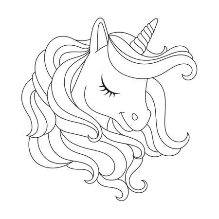 Cute fantastic unicorn. Black and white, linear, image. For the design of coloring books, prints, posters, stickers, tattoos, etc. Vector isolated outline.のイラスト素材