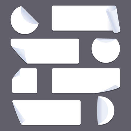 Set of vector white paper stickers of different shapes with curled corners isolated on white background. Round, ribbons, square, rectangular shapes.のイラスト素材