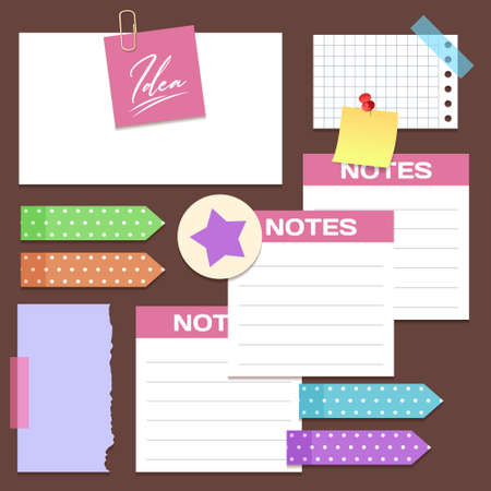 Set of different vector note papers. Vector torn paper pieces, blank squared and lined notepad pages pieces and design elements for attaching paper: pins, scotch tape and paper clip set, isolated, vecのイラスト素材