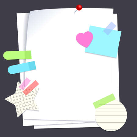 Set of different vector note papers. Vector torn paper pieces, blank squared and lined notepad pages pieces and design elements for attaching paper: pins, scotch tape and paper clip set, isolated, vecのイラスト素材