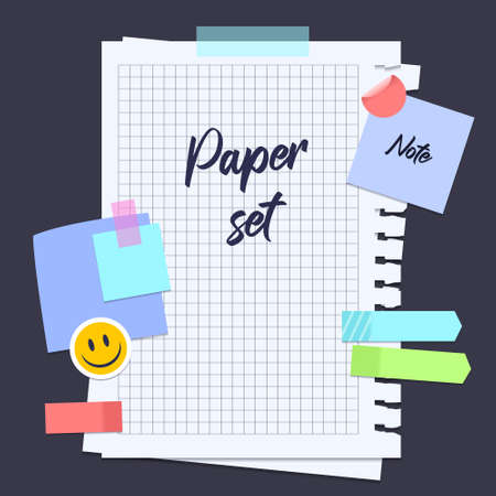 Set of different vector note papers. Vector torn paper pieces, blank squared and lined notepad pages pieces and design elements for attaching paper: pins, scotch tape and paper clip set, isolated, vecのイラスト素材
