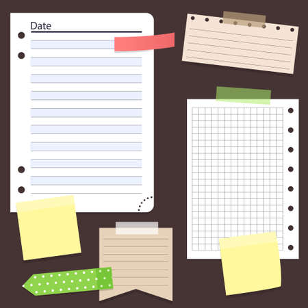 Set of different vector note papers. Vector torn paper pieces, blank squared and lined notepad pages pieces and design elements for attaching paper: pins, scotch tape and paper clip set, isolated, vecのイラスト素材