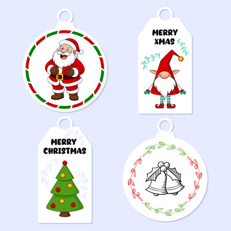 Christmas sticker set consisting of elf, xmas bell, Santa Claus. label for christmas. Vector illustration.のイラスト素材