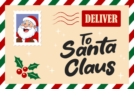 Christmas surprise letter, child postcard with postmark cachet. Postcard, letter, leaflet. Flat vector illustration.のイラスト素材