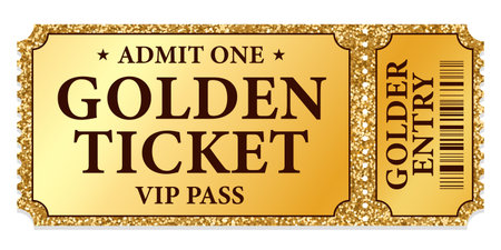 Golden glittering stub vip ticket (tear-off) template. Useful for any festival, party, concert, cinema, birthday event, entertainment showのイラスト素材