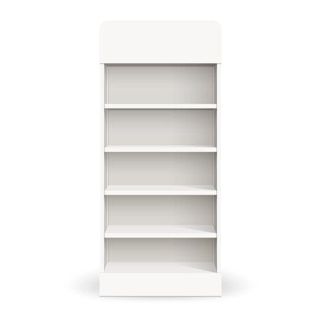 White empty store shelf rack mockup front. Product shelves counter design. Supermarket product advertising blank.のイラスト素材