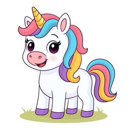 Cute cartoon unicorn. Children's illustrations, nursery decor, invitations, greeting cards. A hand-drawn pony with a golden horn.のイラスト素材