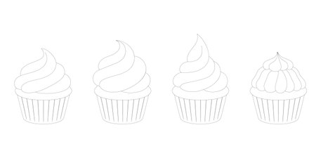Black And White Set Illustration Of Cute Sweet Cupcake With Cream For Kids Coloring Page.のイラスト素材