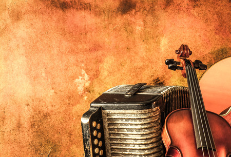Vintage accordion and violin with still life styleの写真素材