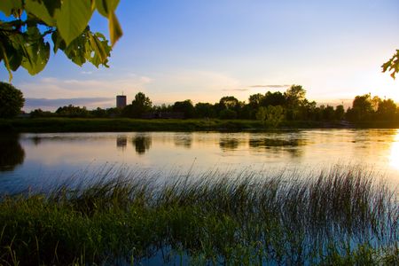 tranquil river in the twilightの写真素材
