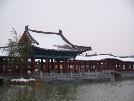 Traditional Chinese covered bridge and pavilionの写真素材