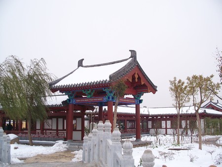 View of traditional Chinese buildings in the snowの写真素材