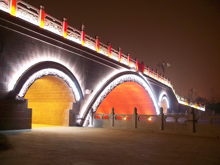 Traditional Chinese bridge at nightの写真素材