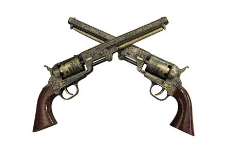 Two golden vintage pistols on wooden background with work pathsの写真素材