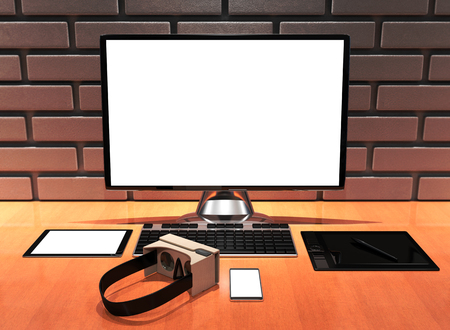 3D illustration creative professional designer's desk with Cardboard VR, Simple Smartphone, Tablet...