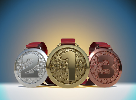 3D rendering Set of Golden, Silver and Bronze Medal with Ribbons in blue tone gradient background with clipping paths.の写真素材