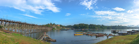 Kanchanaburi, Thailand - December 2016 - Panorama scene of Mon Wooden Bridge, Sangklaburi in the morning. on December 3, 2016, in Sangkhlaburi District, Kanchanaburi Province, Thailand.のeditorial素材