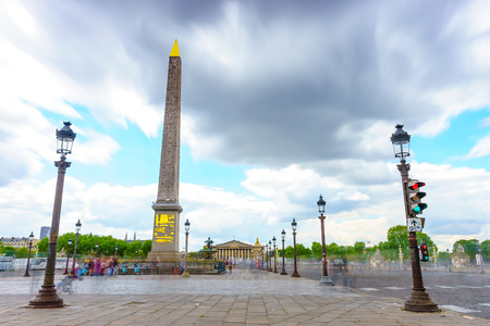 Paris, France - May 3, 2017: Long exposure view of The Obelisk of Luxor at the center of the Place de la Concorde with cloudy sky, on May 3, 2017, in Paris, France.のeditorial素材