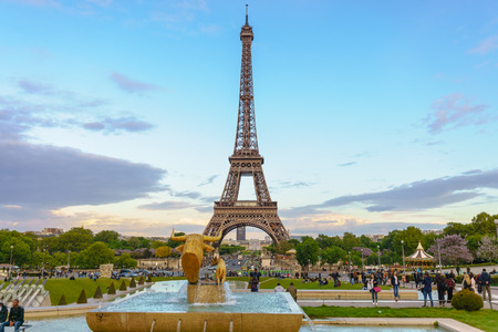 Paris, France - May 1, 2017: Eiffel tower view from Trocadero in evening with a blue sky in a background on May 1, 2017, in Paris, France.のeditorial素材
