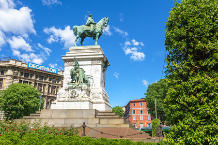 Milan, Italy - April 28, 2017: Monument to Giuseppe Garibaldi in the square in front of the Sforzesco Castle in Milan, Italy.のeditorial素材