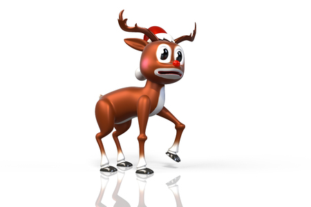 3d rendering of a cute little reindeer with a hat and red nose isolated on white background with clipping paths included.の写真素材