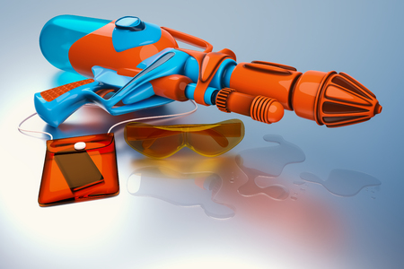 3d rendering of a water gun lay on the metal ground with a yellow glasses and orange waterproof bag with a smartphone.の写真素材
