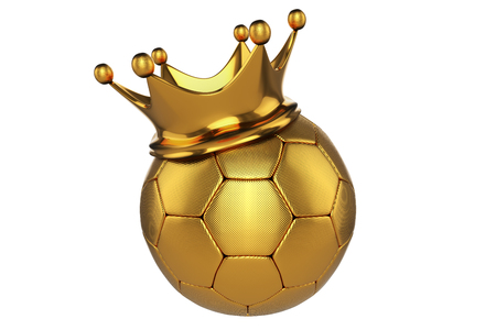 3d rendering of the golden football with a king crown on top, isolated on white background with clipping paths.の写真素材