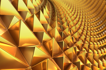 3d rendering close-up shot with of concept design of golden shiny metal pyramid pattern with a depth...