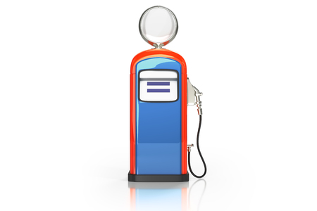 3d rendering front view of blue-orange retro gasoline dispenser pumps isolated on white background with clipping paths.の写真素材