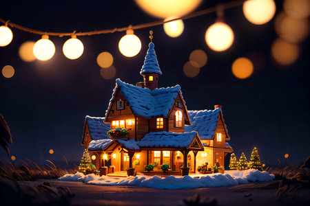 Christmas and New Year holidays background. Traditional wooden house with christmas tree and lights at night.の素材