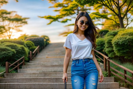 A blind Asian young woman wearing sunglasses walks down some steps with a walking stick in her hand and a white shirt on top of herの素材