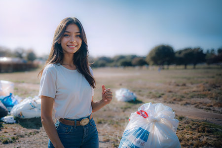young volunteer girl shows off a garbage bag with a cheerful expression on her face and a smile on her lips People who volunteer their time to clean up plastic in the natural envirの素材