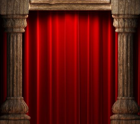 red velvet curtains behind the old wood columns の写真素材