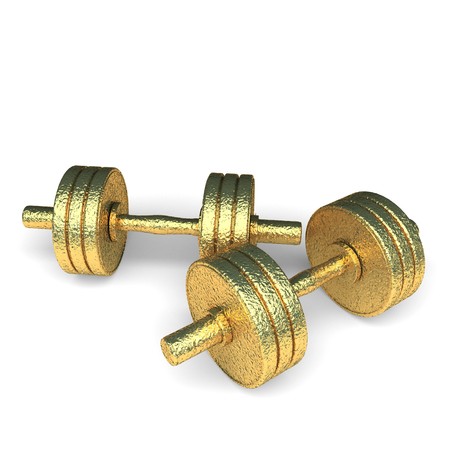 isolated golden dumbbell made in 3d graphicsの写真素材