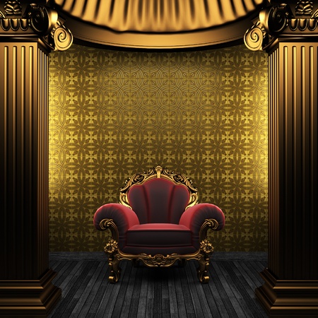 bronze columns, chair and tile wall made in 3Dの写真素材