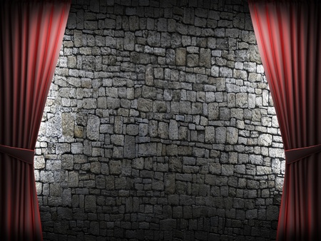 Red velvet curtain and stone wall made in 3dの写真素材