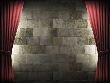 Red velvet curtain and stone wall made in 3dの写真素材