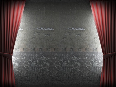Red velvet curtain and stone wall made in 3dの写真素材