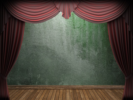 velvet curtain and stone wall made in 3dの写真素材
