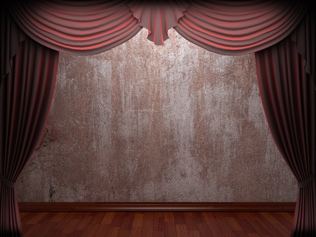 velvet curtain and stone wall made in 3dの写真素材