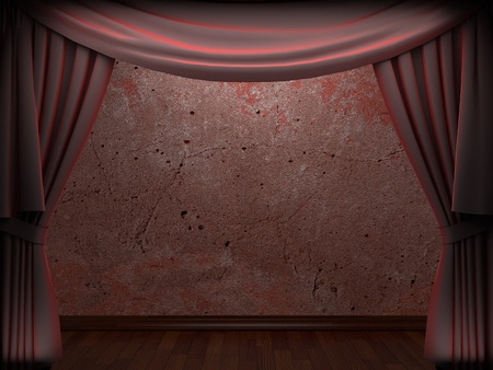 velvet curtain and stone wall made in 3dの写真素材