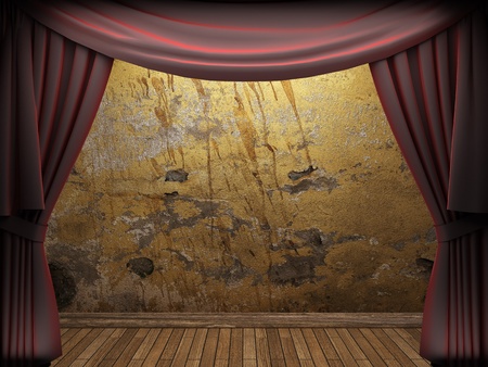 velvet curtain and stone wall made in 3dの写真素材