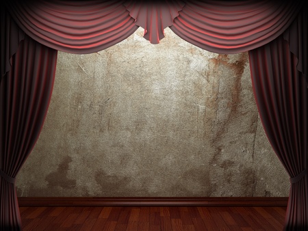 velvet curtain and stone wall made in 3dの写真素材