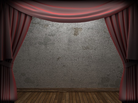 velvet curtain and stone wall made in 3dの写真素材