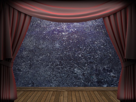 velvet curtain and stone wall made in 3dの写真素材