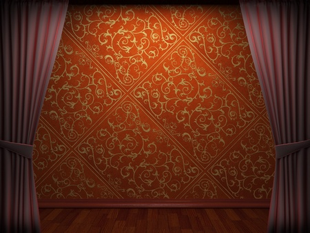 Red velvet curtain opening scene made in 3dの写真素材