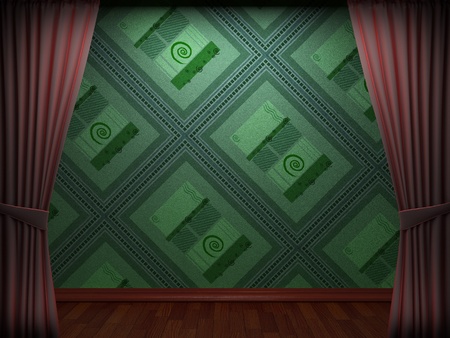 Red velvet curtain opening scene made in 3dの写真素材